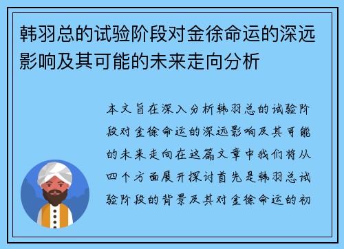 韩羽总的试验阶段对金徐命运的深远影响及其可能的未来走向分析