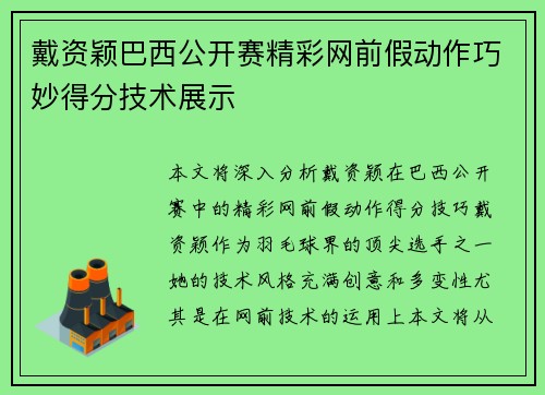 戴资颖巴西公开赛精彩网前假动作巧妙得分技术展示 戴资颖巴西公开赛精彩网前假动作巧妙得分技术展示