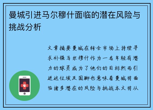 曼城引进马尔穆什面临的潜在风险与挑战分析